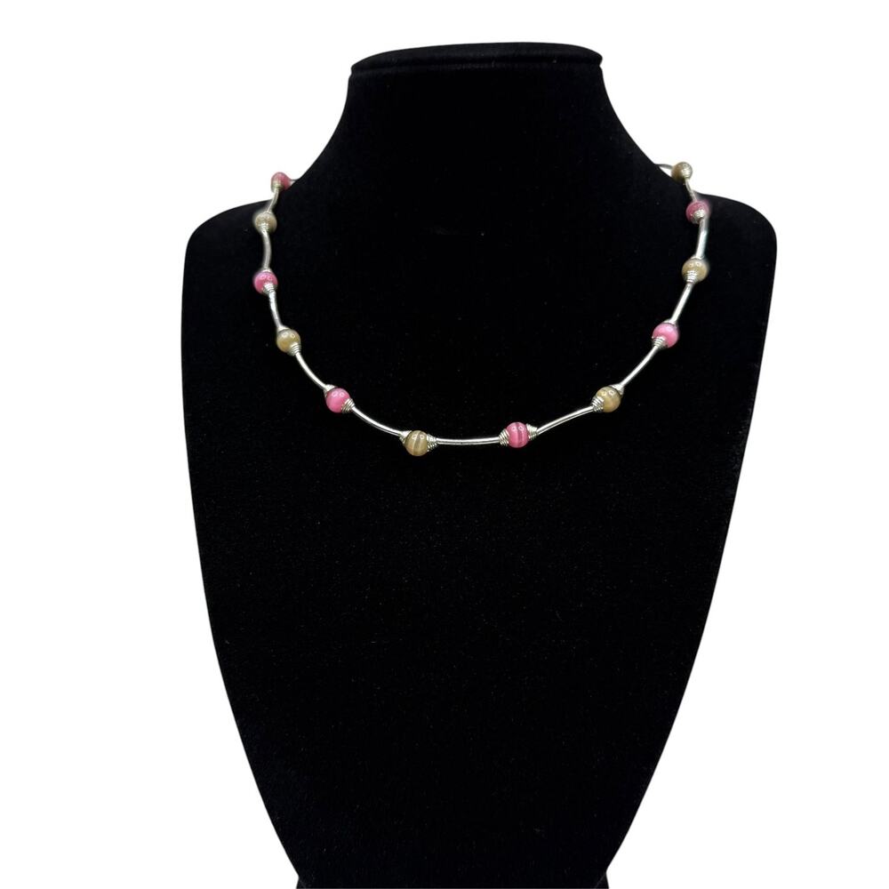 Fashion Choker Style Pink Tan Glass Cat Eye Beaded Necklace Silver Tone 16 in L